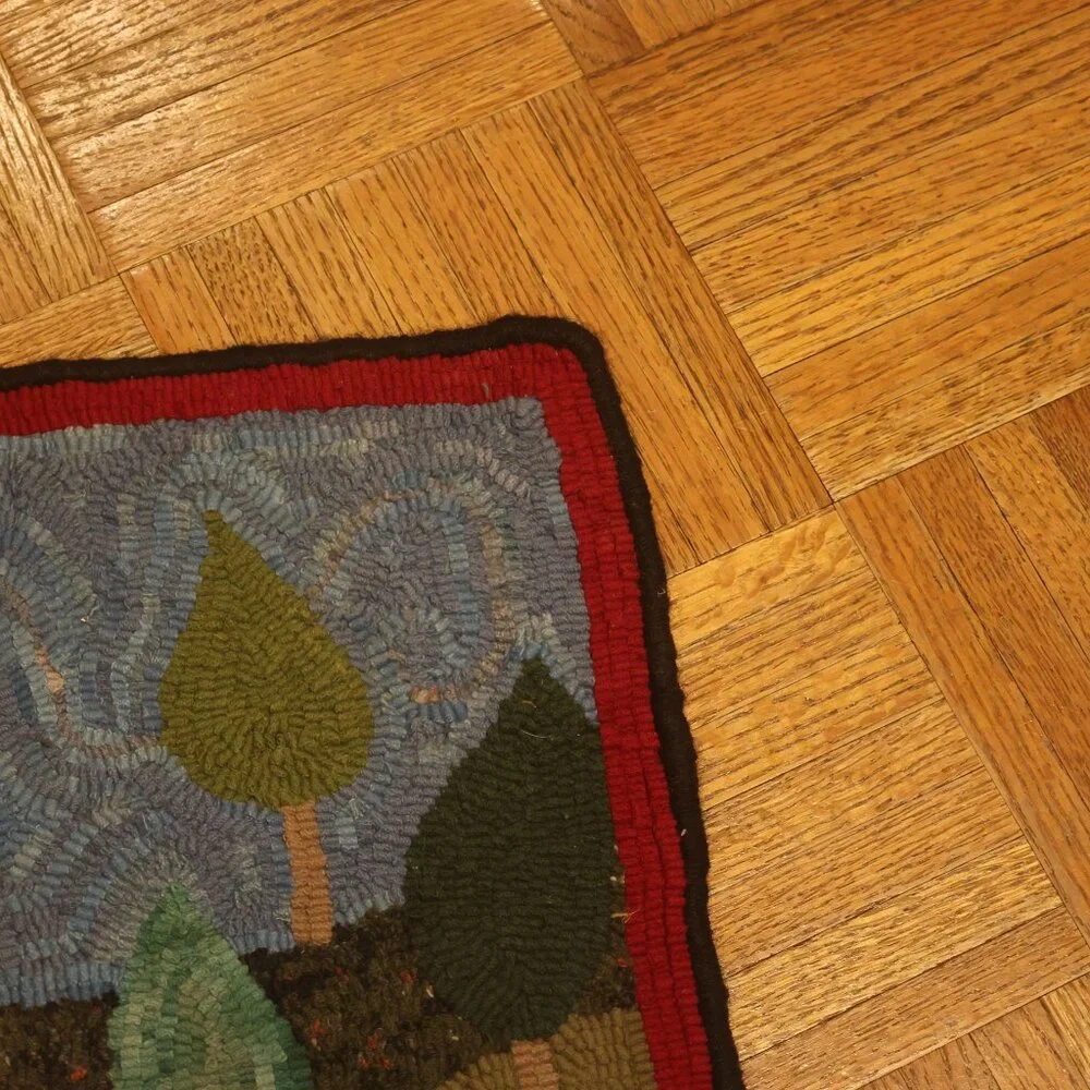 VINTAGE Hand Hooked Rug Summer HOME House Trees Landscape Primitive Folk 19x15